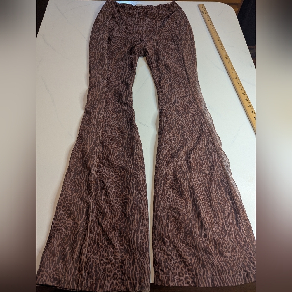 Mistress Rocks Women's Flare Leg, Brown Animal Print Pants, Size Small